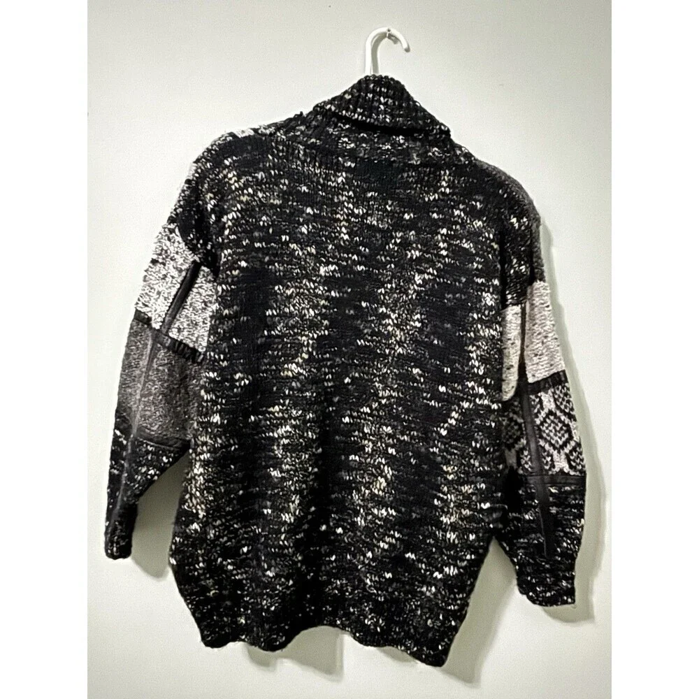 Vintage 80’s Susann D Sweater Black Gray Leather Trim Colorblock Oversized Sz S